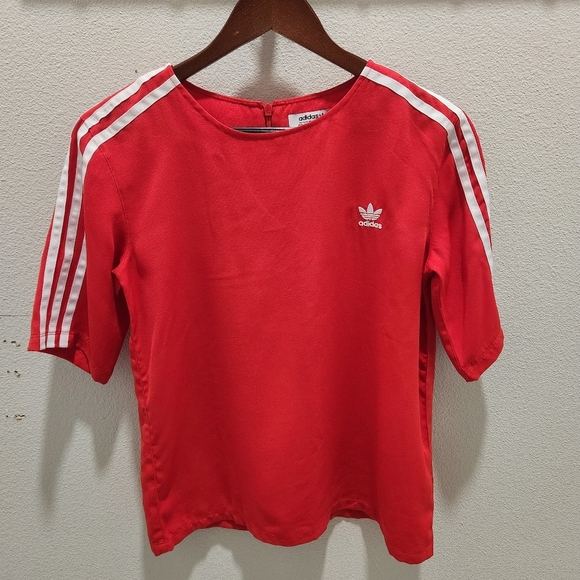 Adidas Red White 3 Stripes Blouse Top Shirt Women’s Size M - Picture 1 of 11